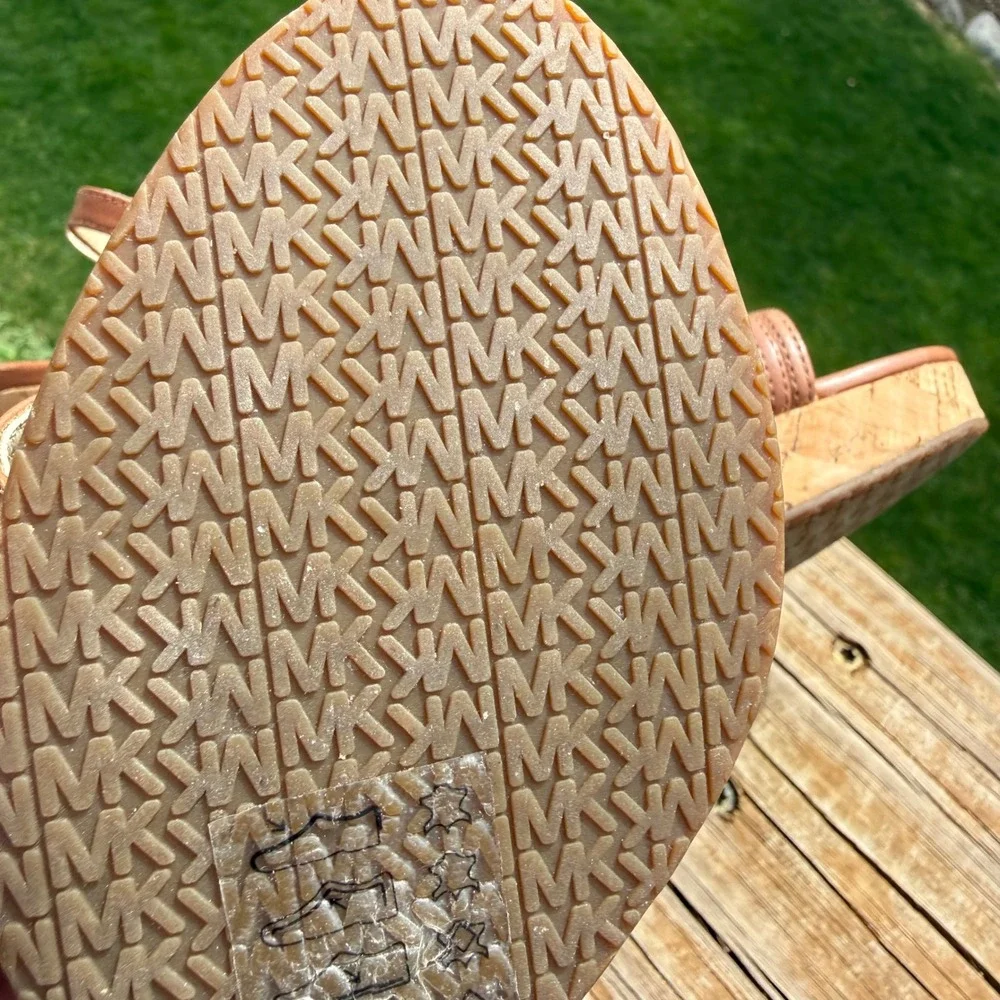 Michael Kors Wedge Sandals Women 7 Tan‎ Excellent Strappy Cork Logo Heel